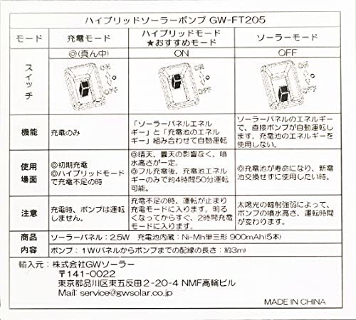 曇天に強い! GWSOLAR ハイブリット ソーラーポンプ 小池、お庭噴水用【 2.8W太陽光パネル、6V/4.5Ah ニッケル水素内蔵蓄電池】_画像9