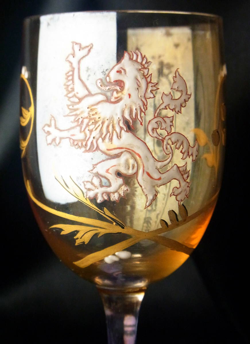 貴重品 19世紀 OLD BACCARAT オールドバカラ 獅子の紋章 ワイングラス ラスター彩 金彩 図録掲載モデル 上質クリスタル