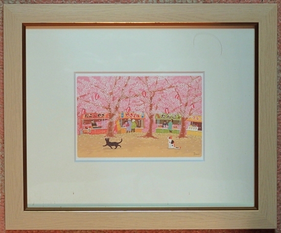 可愛い猫の画家　もりとしのり額付ミニアート　たびねこシリーズ「桜まつり」_画像2