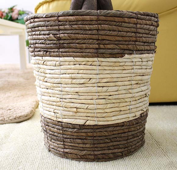  decorative plant Benjamin topiary 8 number pot + stripe basket pot cover earth. surface is wood chip 
