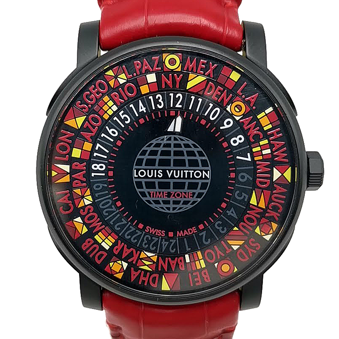 送料無料 ルイヴィトン LOUIS VUITTON 腕時計 2針 Q5D23 エスカル タイムゾーン 自動巻き 赤系 黒系 メンズ