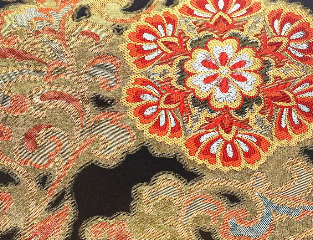 川島織物謹製 訪問着用 袋帯 化繊 黒 唐花 華文 Sサイズ F5311 中古美品