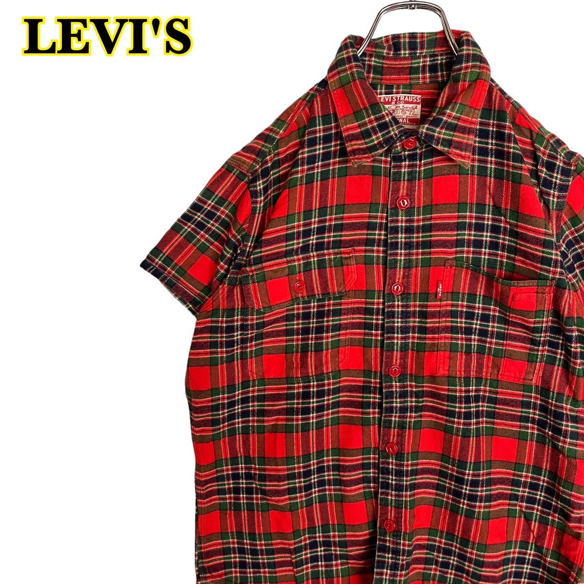 LEVI'S リーバイス　半袖シャツ　チェックシャツ　ネルシャツ　赤系　Mサイズ　【AY1042】_画像1