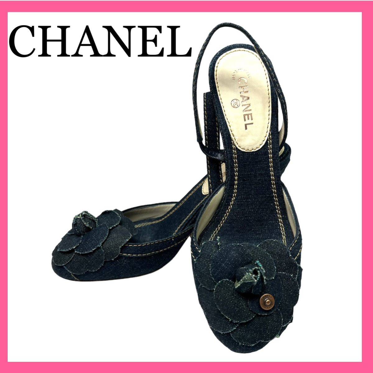 デニムサンダル ミュール37 CHANELシャネル カメリア-
