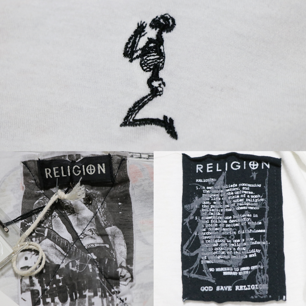 新品本物 RELIGIONレリジョン バックプリント深VネックロングTシャツ白S_画像7