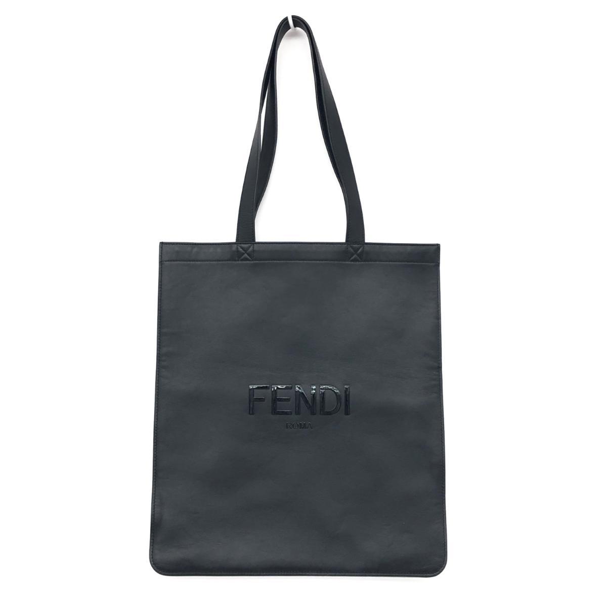 新品同様◆FENDI フェンディ フラットトートバッグ◆7VA538 ブラック レザー ショッピング ロゴ ユニセックス bag 鞄