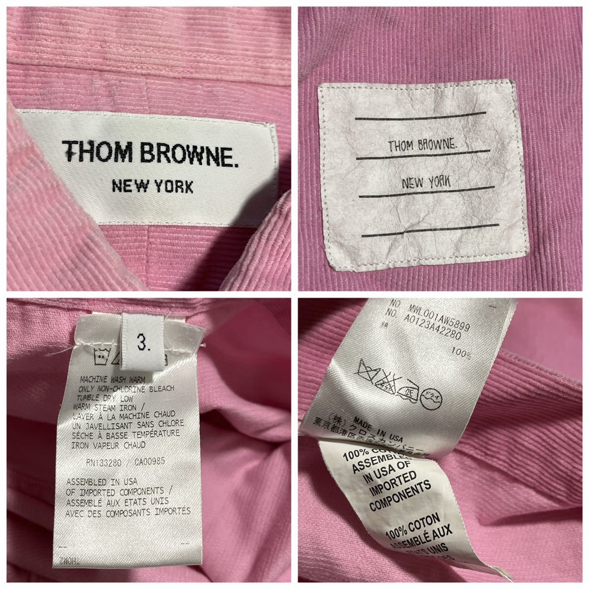 USA製 THOM BROWNE. トムブラウン コーデュロイ シャツ 長袖 ボタンダウン ピンク 大きいサイズ メンズ 3