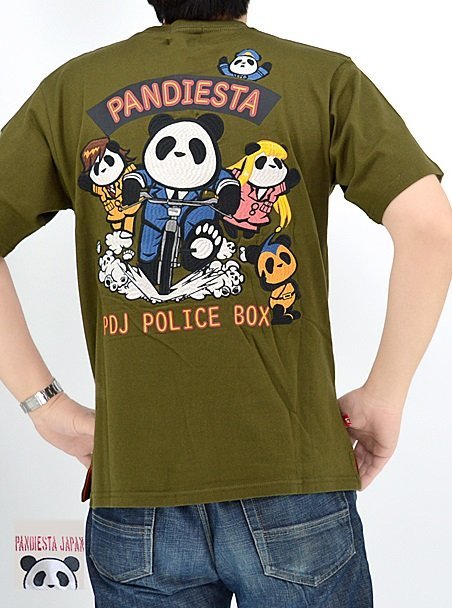 PDJ POLICE BOX半袖Tシャツ◆PANDIESTA JAPAN カーキMサイズ 523858 パンディエスタジャパン パンダ 刺繍