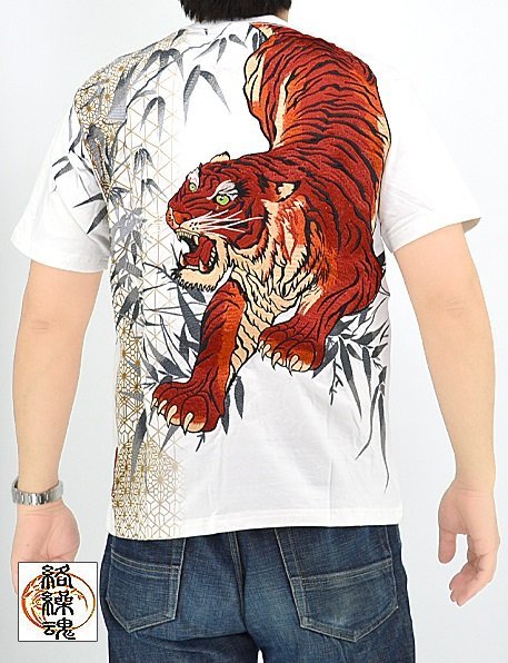 赤虎刺繍半袖Tシャツ◆絡繰魂 ホワイトXLサイズ 232016 和柄 和風 トラ からくり 粋