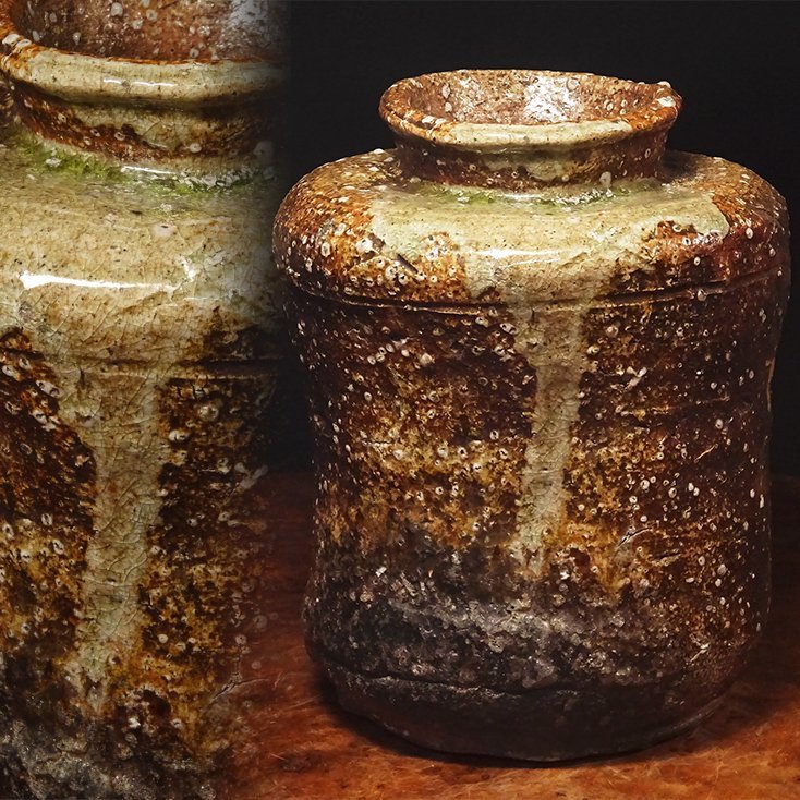 慶應◆16世紀 桃山時代 古信楽 檜垣文煎餅壺 黒塗時代箱 茶道具