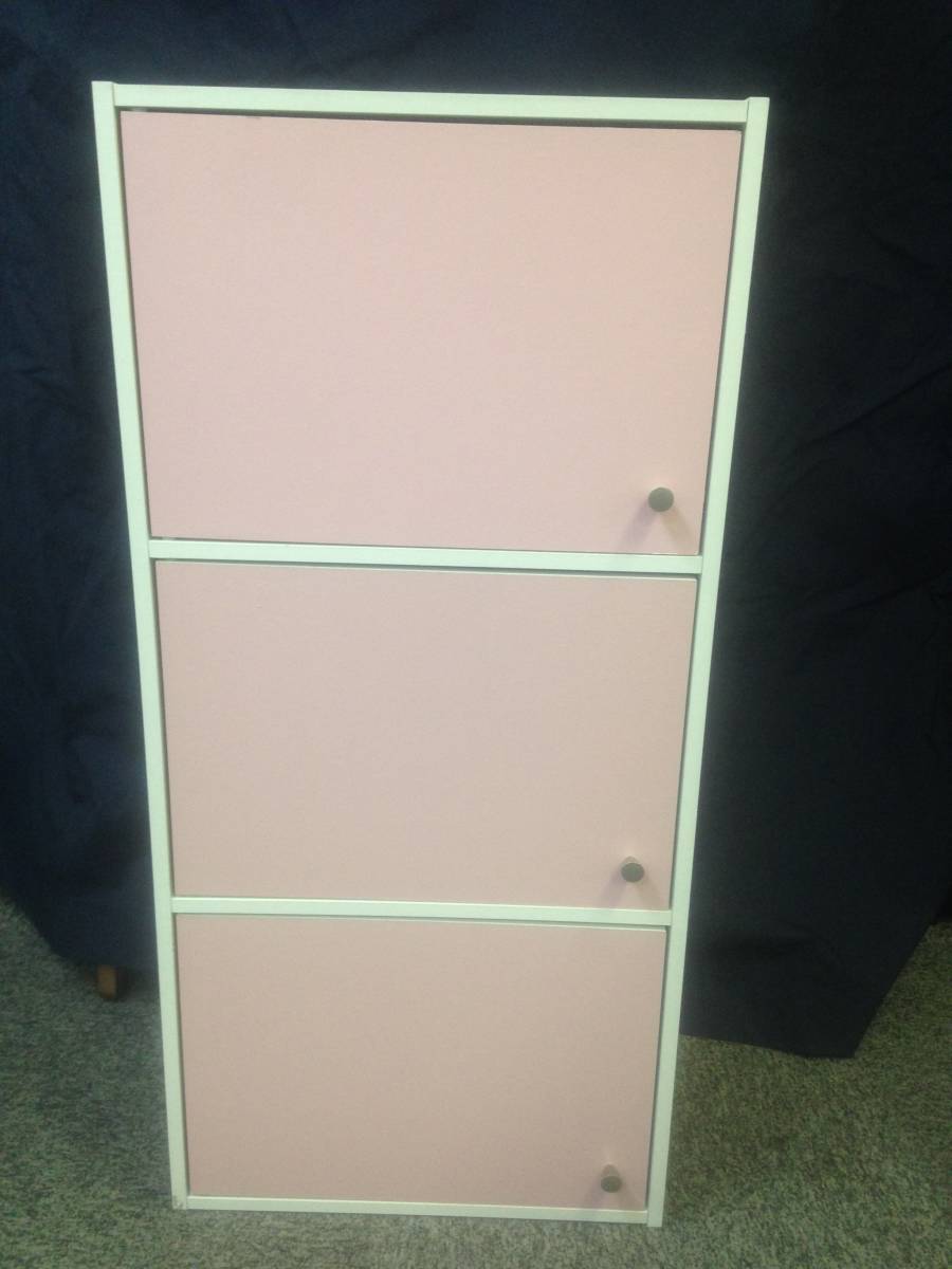 pinkピンク3段ボックス収納棚扉付きももいろ淡い桃色東京秋葉原直接渡し可能_画像1