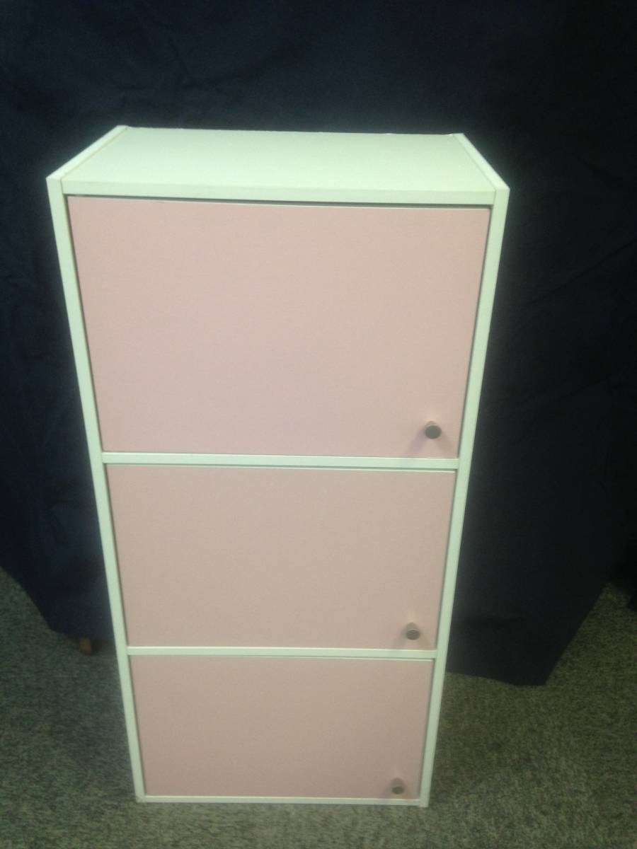 pinkピンク3段ボックス収納棚扉付きももいろ淡い桃色東京秋葉原直接渡し可能_画像2