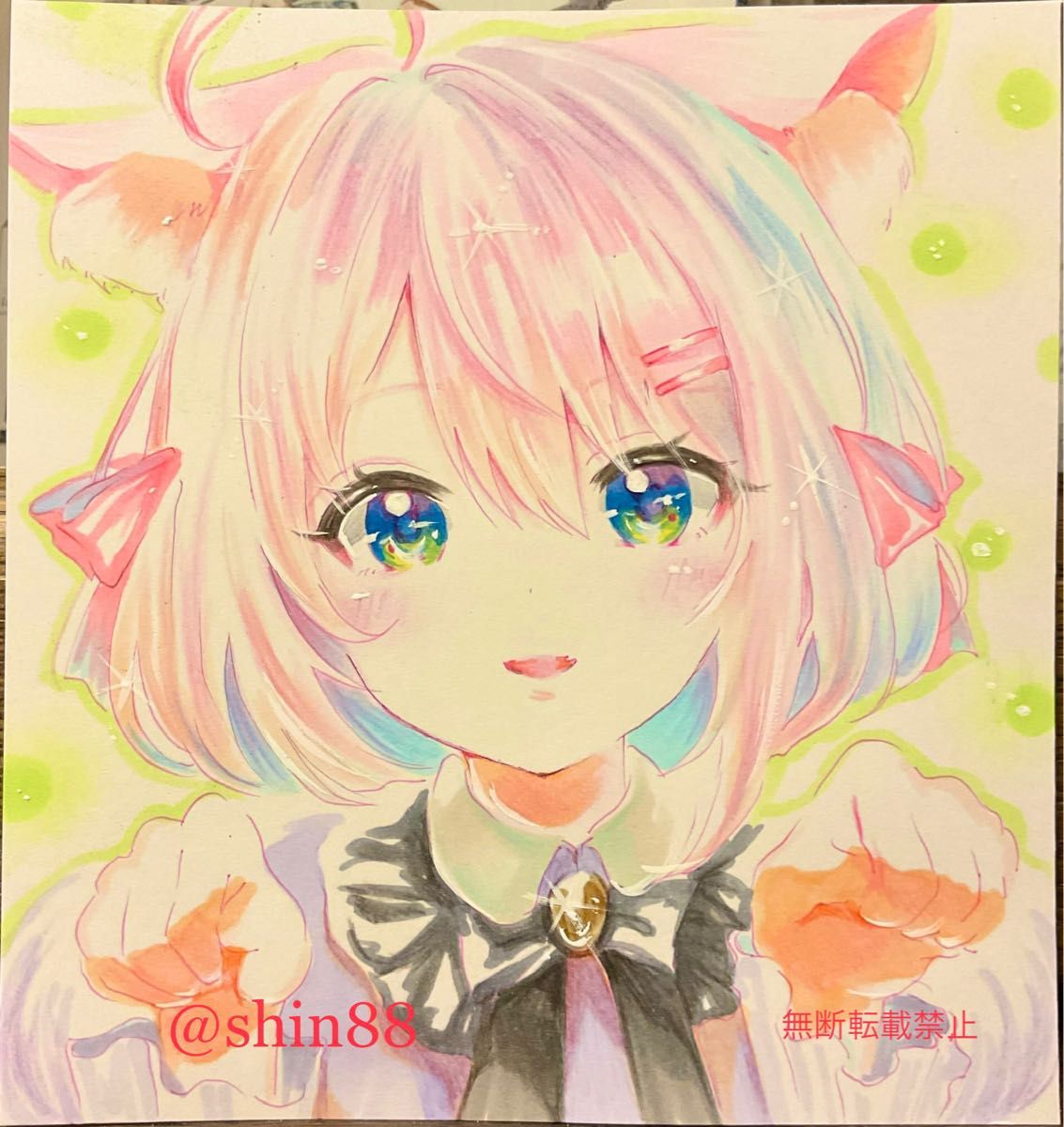 手描きオリジナルイラスト かわいい着物姿の猫耳少女たちとさくら背景