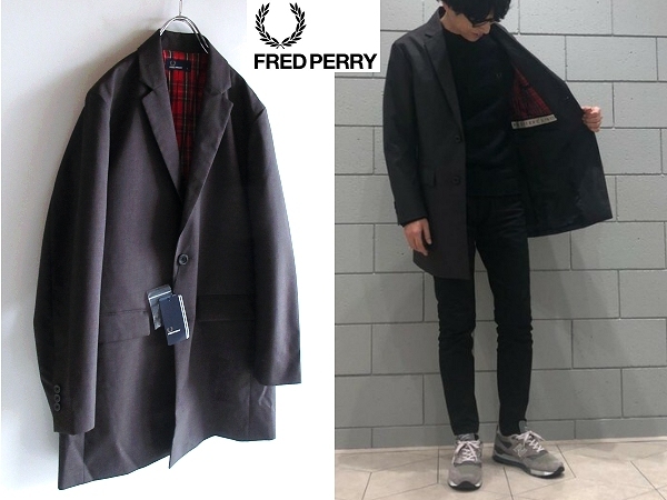 新品タグ付 FRED PERRY フレッドペリー 2019SS Chesterfield Coat ローレルロゴ刺繍 タータンチェック裏地 チェスターコート S 定価37400円