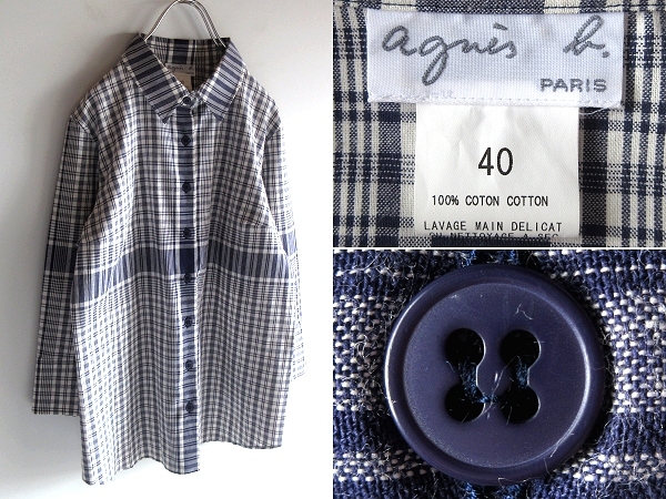 美品 00s agnes b. アニエスべー チェック柄 コットン 七分袖 シャツ ブラウス 40 ネイビー ホワイト 紺白 日本製 アーカイブ ネコポス対応