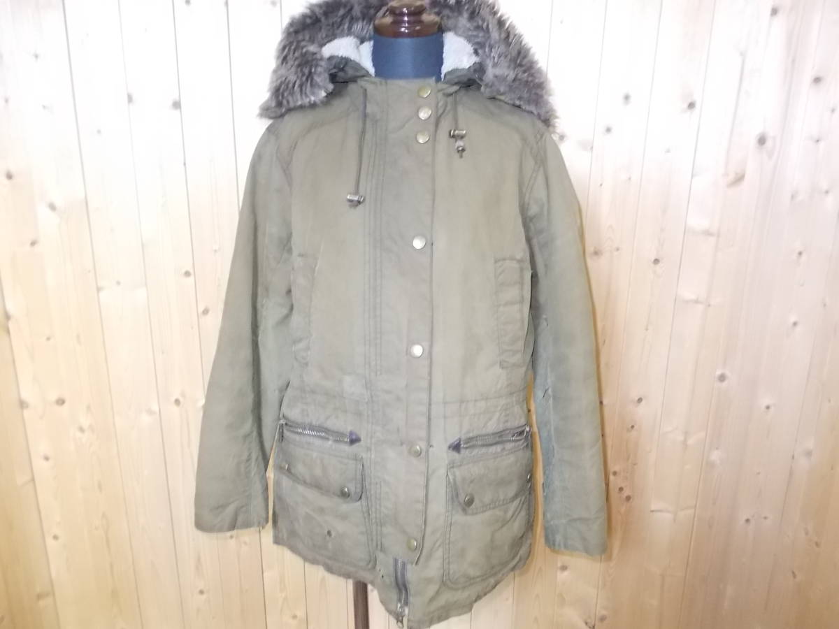 a1128◆Barbour オイルドジャケット◆サイズUK12 カーキ色 バブアー ワックスドコットン オイルドジャケット レディース 古着 5C_画像1