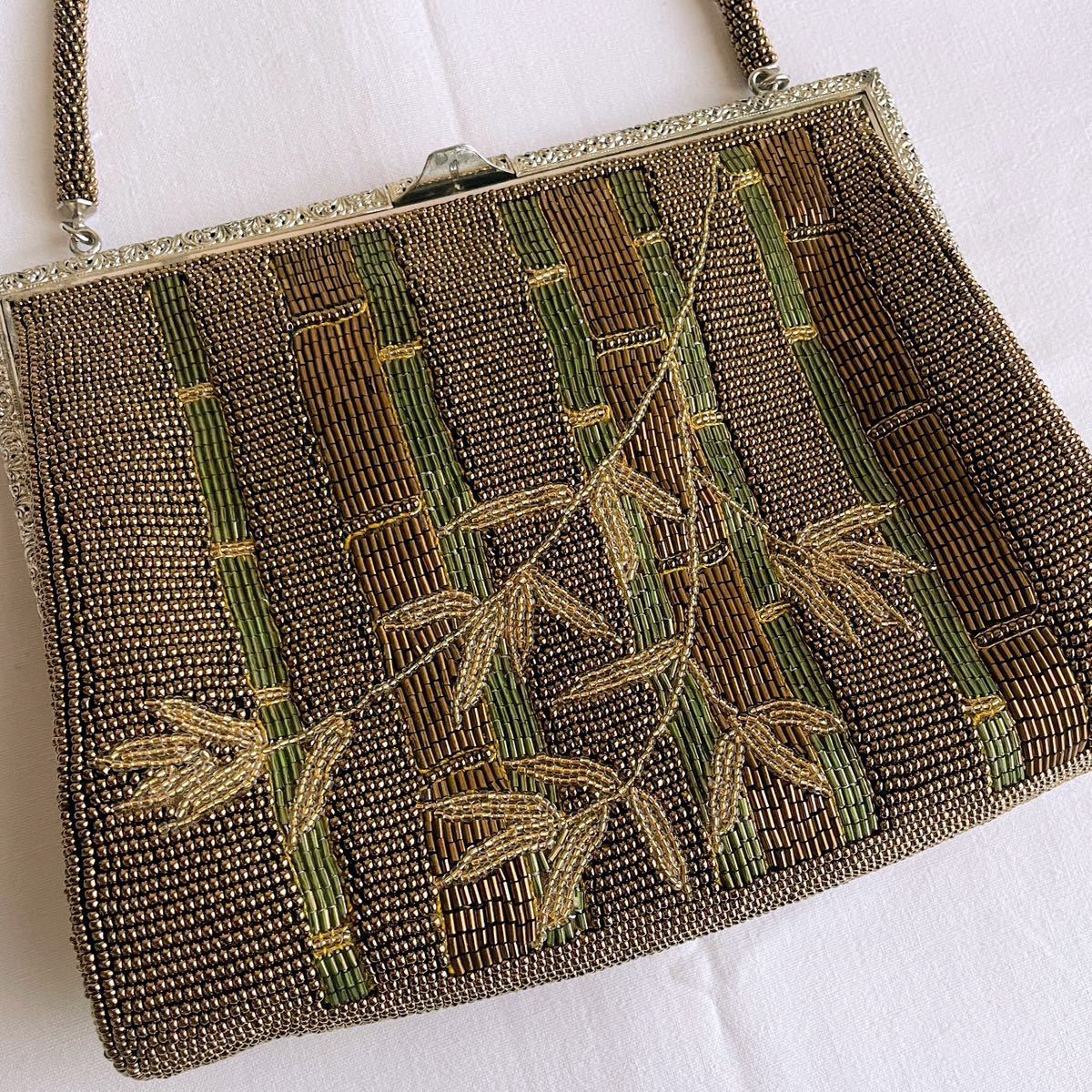 ビーズバッグ 茶色 金 竹 purse 日本製 緑 がま口 vintage beads