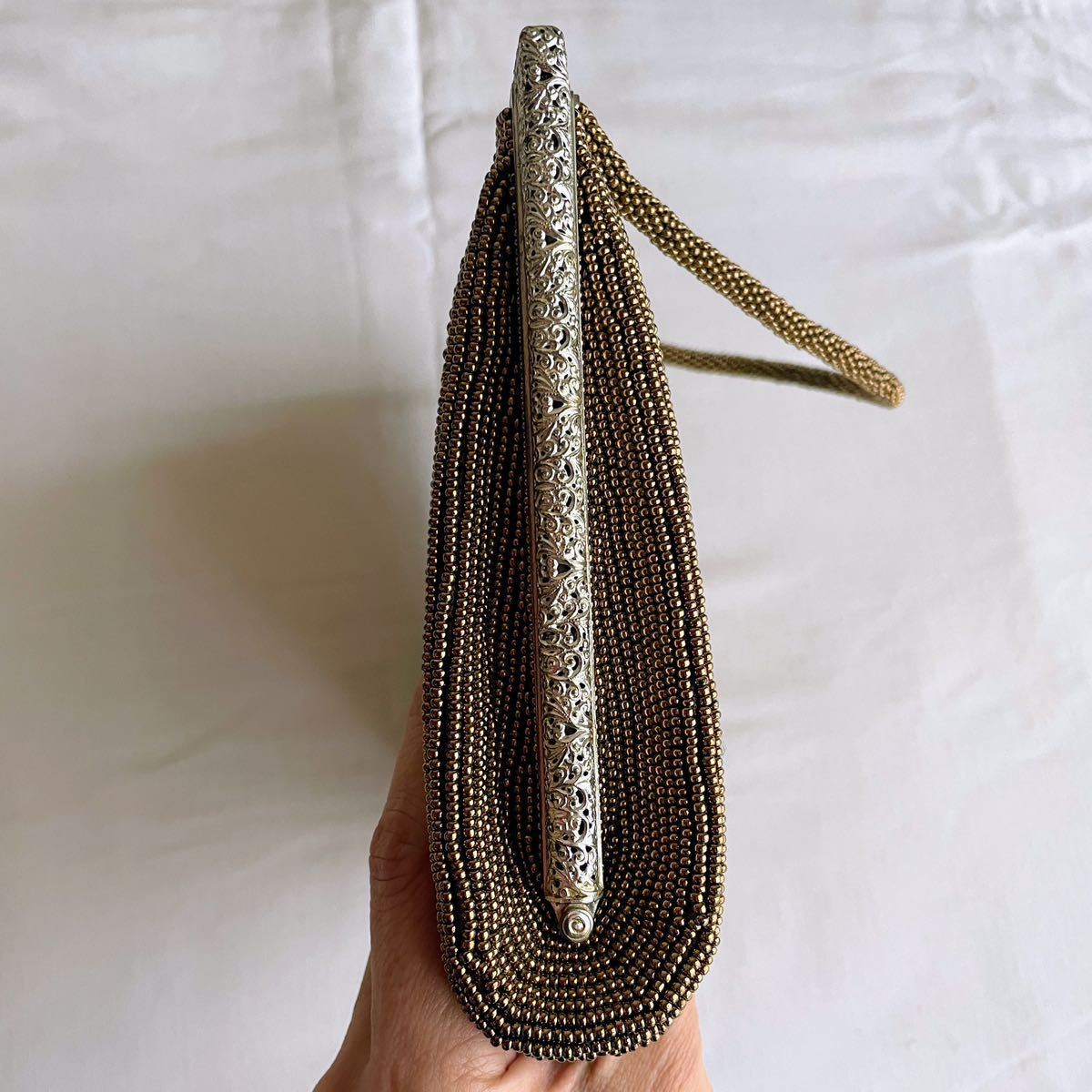 ビーズバッグ 茶色 金 竹 purse 日本製 緑 がま口 vintage beads