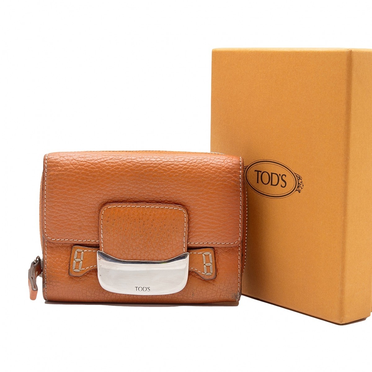 価格は安く トッズTOD'S メタルプレート三つ折り財布 オレンジブラウン