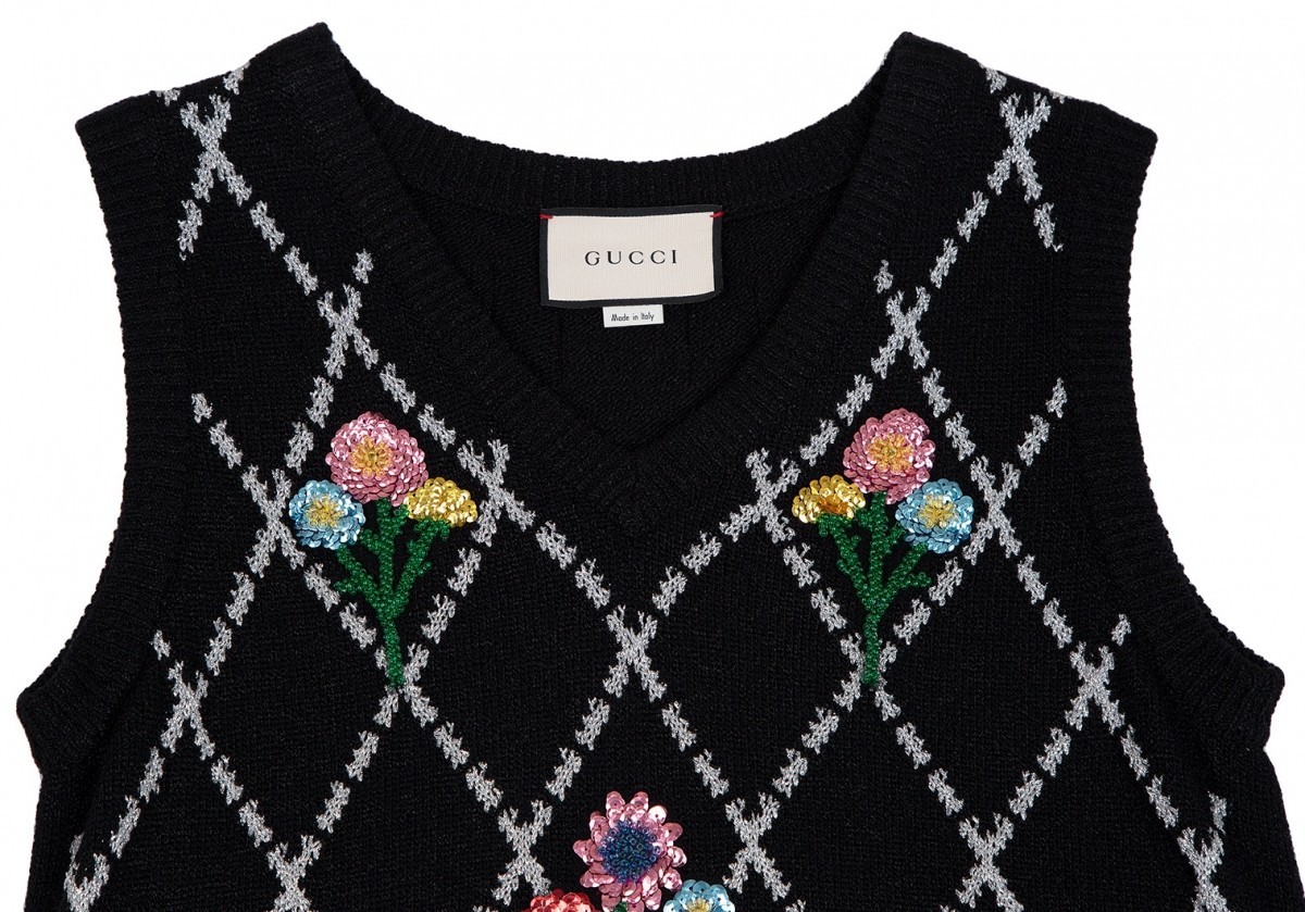 グッチGUCCI スパンコールフラワー刺繍グリッターアーガイルバックロゴニットベスト 黒L_画像7