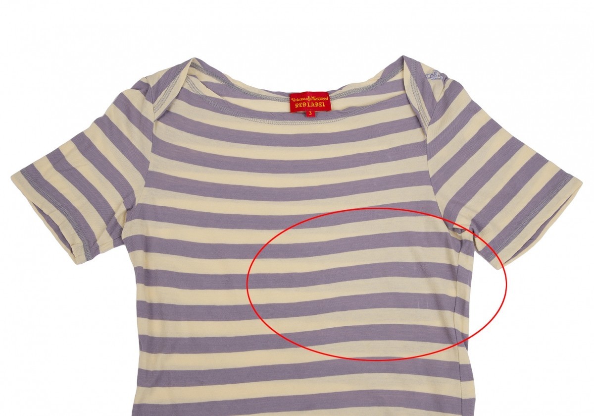 ヴィヴィアンウエストウッド レッドレーベル オーブワンポイント刺繍ボーダーTシャツ ライトパープルベージュ3_前身頃にスレ・薄シミがあります。