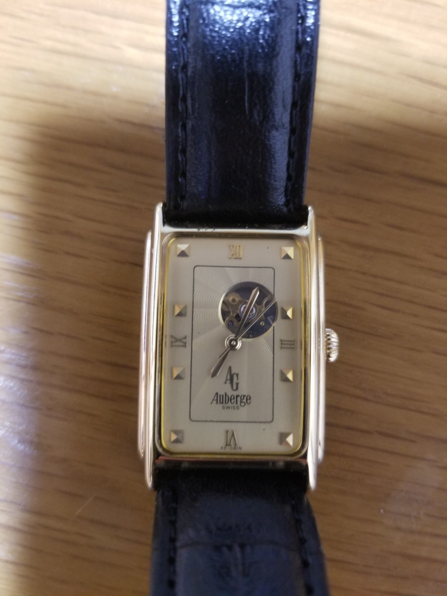 オーベルジュ Auberge 　 自動巻き AT オートマチック スケルトン　 ゴールド文字盤 　ゴールドカラー スクエア 時計 　腕時計