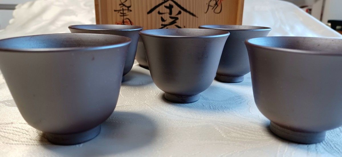  煎茶道具　萬古焼　湯呑5客 急須1湯冷し1 昇龍窯木箱入り湯のみ口径7cm高5.5cm 湯冷まし口径9cm 高4.7cm