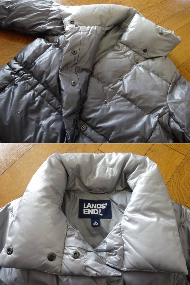 送料込 美品★LANDS END ダウン ジャケット レディース M★ランズエンド/グラデーション/コート/シルバー/グレー/手首リブ/防寒/襟高/防寒