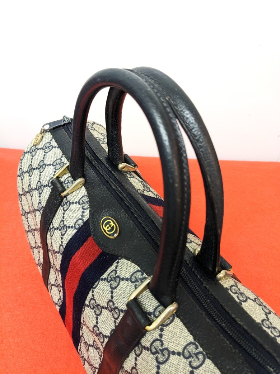 美品 極上!Gucci ネイビー ハンドバッグ ボストングッチ シェリーライン-