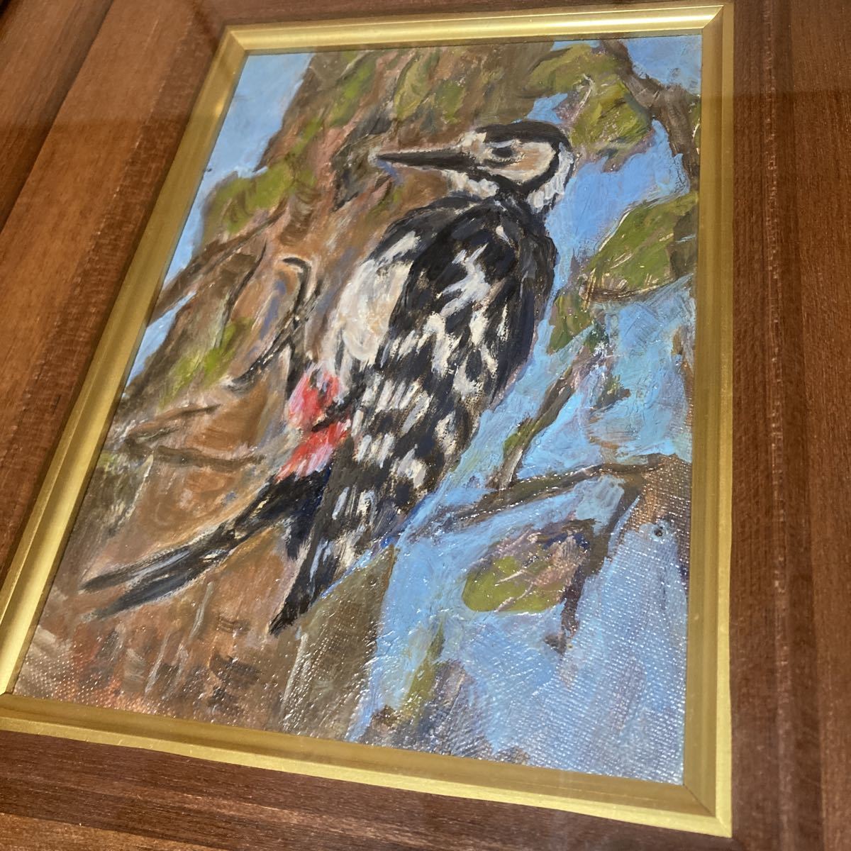 真作 今井敦 キツツキ 油彩画 サイズ SM 古画 鳥 油絵 動物画 アートフレーム コレクション 整理品_画像3