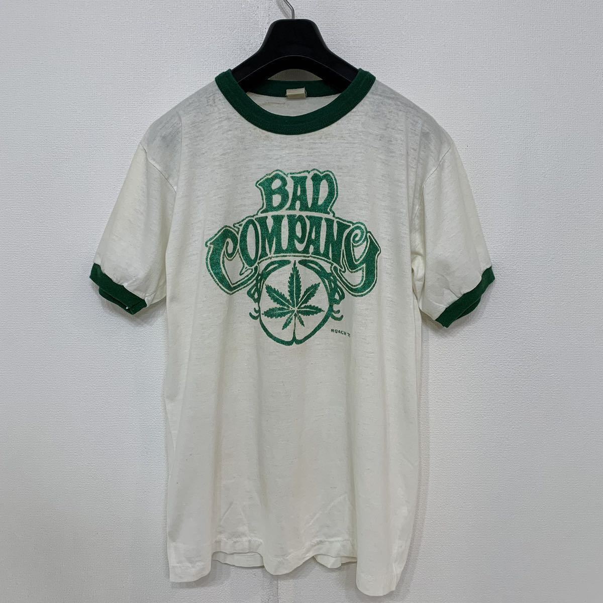 h193 70 年代 アメリカ 製 BAD COMPANY SPORTS WEAR リンガー Tシャツ L ホワイト グリーン 70s 75' vintage ビンテージ バッドカンパニー