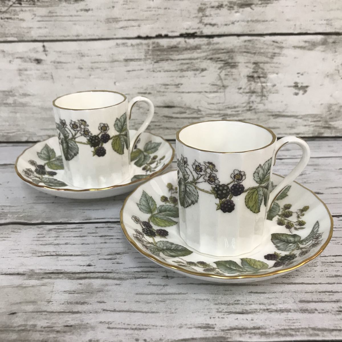 【中古品】ROYAL WORCESTER ロイヤルウースター LAVINIA ラビニア 2客セット カップ&ソーサー デミタス 金彩 ブラックベリー コレクション_画像1