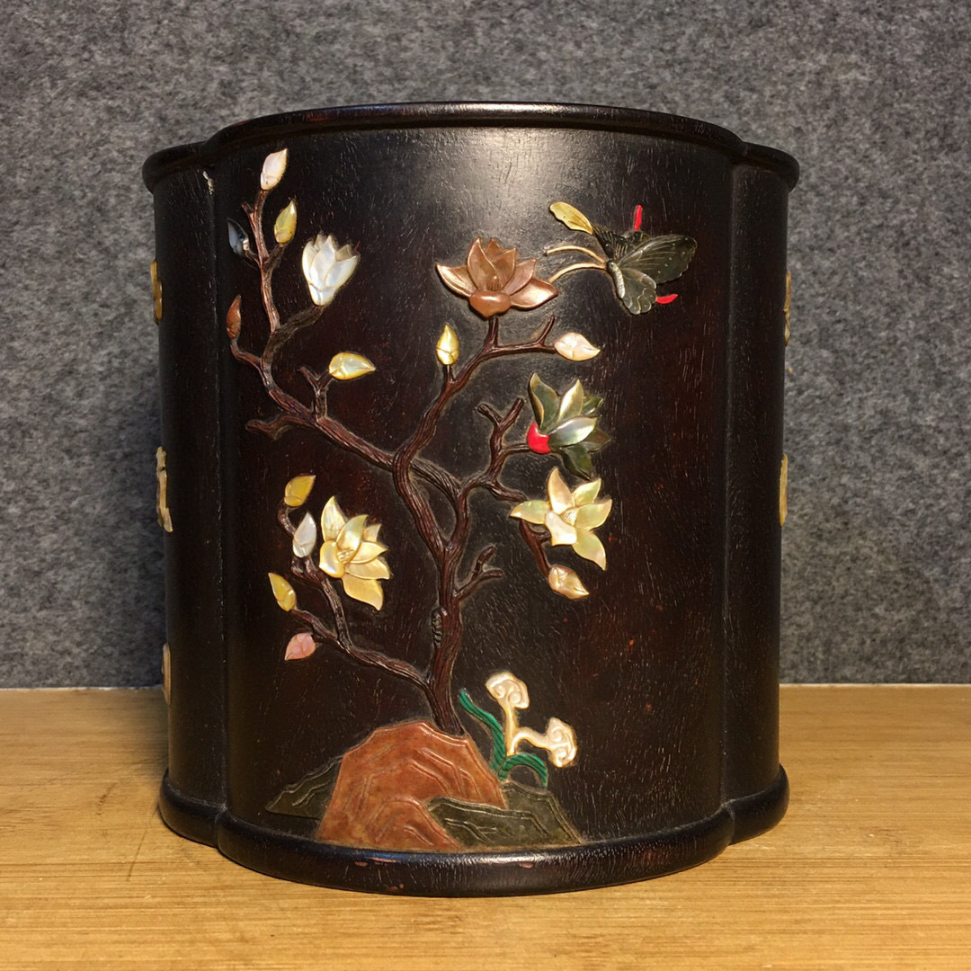 蔵友館蔵品・紫檀木製・細密彫・牛毛紋・首飾盒】・希少珍品・置物・賞