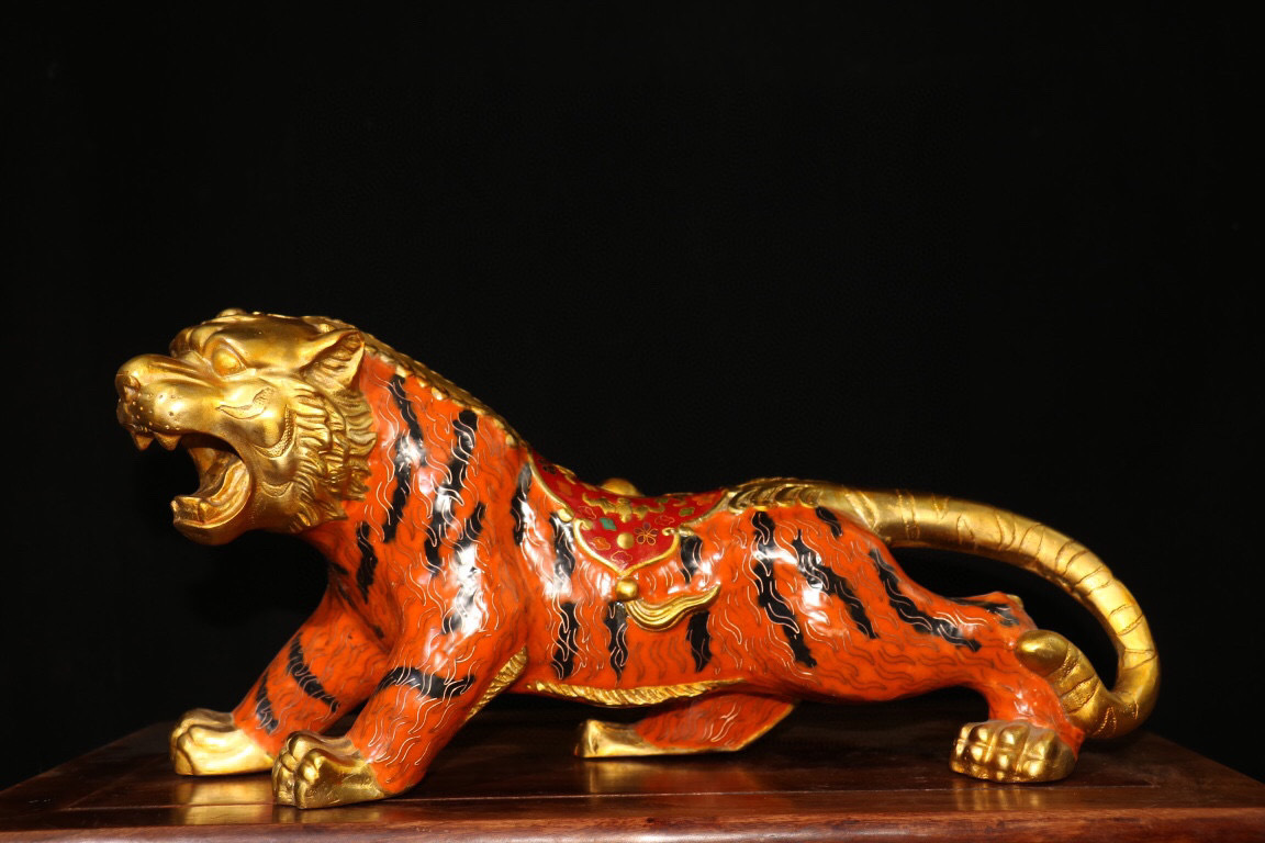 古寶奇蔵】銅製・金鍍・景泰藍・琺瑯彩・虎虎生威・置物・賞物・中国