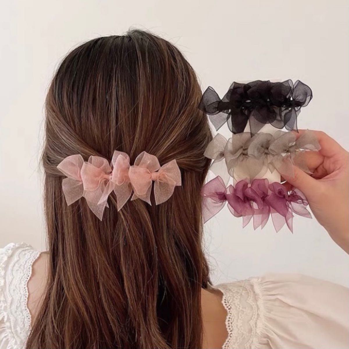 バレッタ リボン チュール 韓国 ピンク 髪飾り ヘアクリップ ヘアアクセ 通販