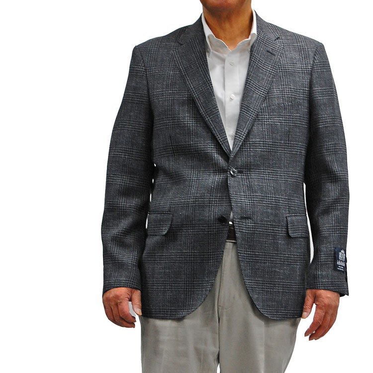 日本縫製春夏オックスフォードジャケット ブレザー メンズ 紳士 ２Ｂシングルグレーグレンチェック柄192283-18BB4
