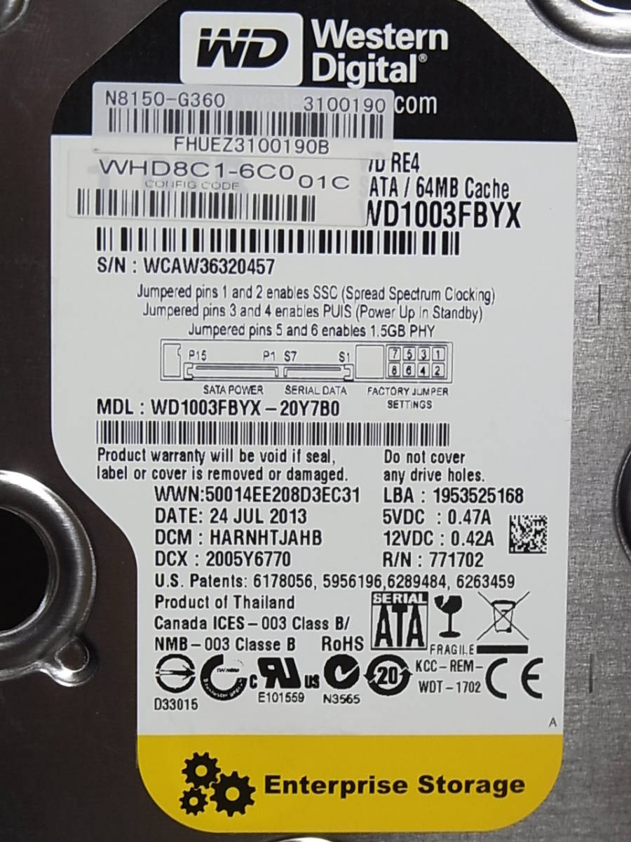 ■NEC純正■Western Digita WD RE4 WD1003FBYX 1TB SATA300/7.2K/64M ① (IH943S)_画像3