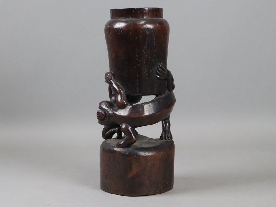 朝鮮美術 李朝木工 木彫 人物と獣 花瓶 置物 高35,5cm 時代 細密細工 古美術品[b215]_画像8