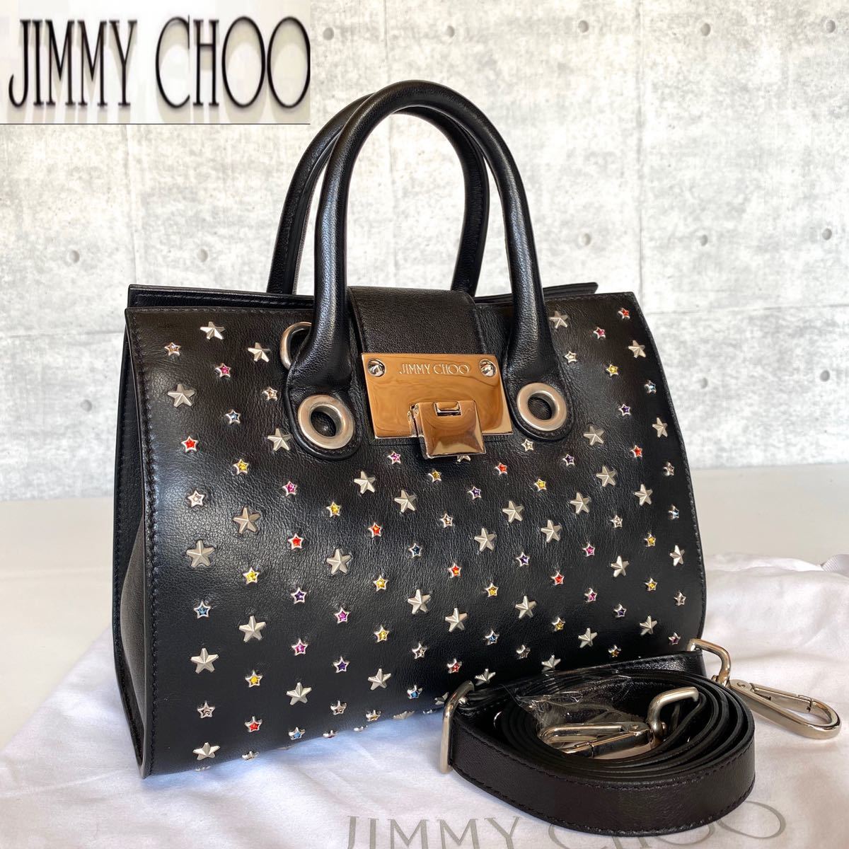 美品 JIMMY CHOO ジミーチュウ ハンドバッグ トートバッグ ショルダーバッグ カラフルスタッズ RILEY/S ライリー 2way レザー  黒 ブラック