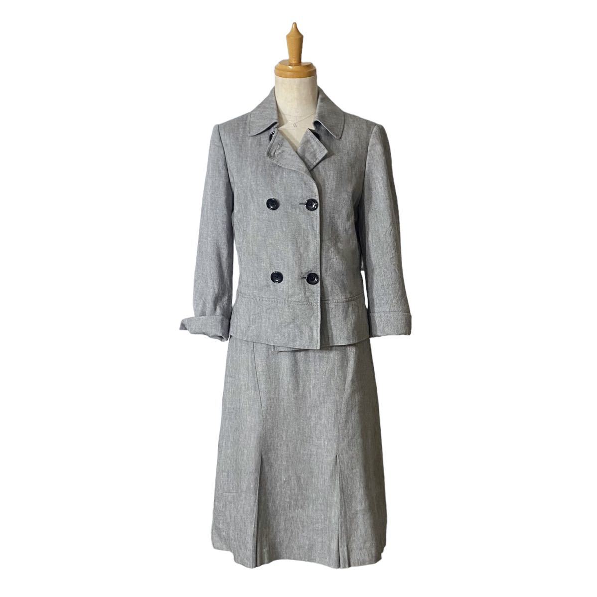 【ANNE KLEIN】 麻混合 スカートスーツ セットアップ サマースーツ グレー サイズ9の画像2
