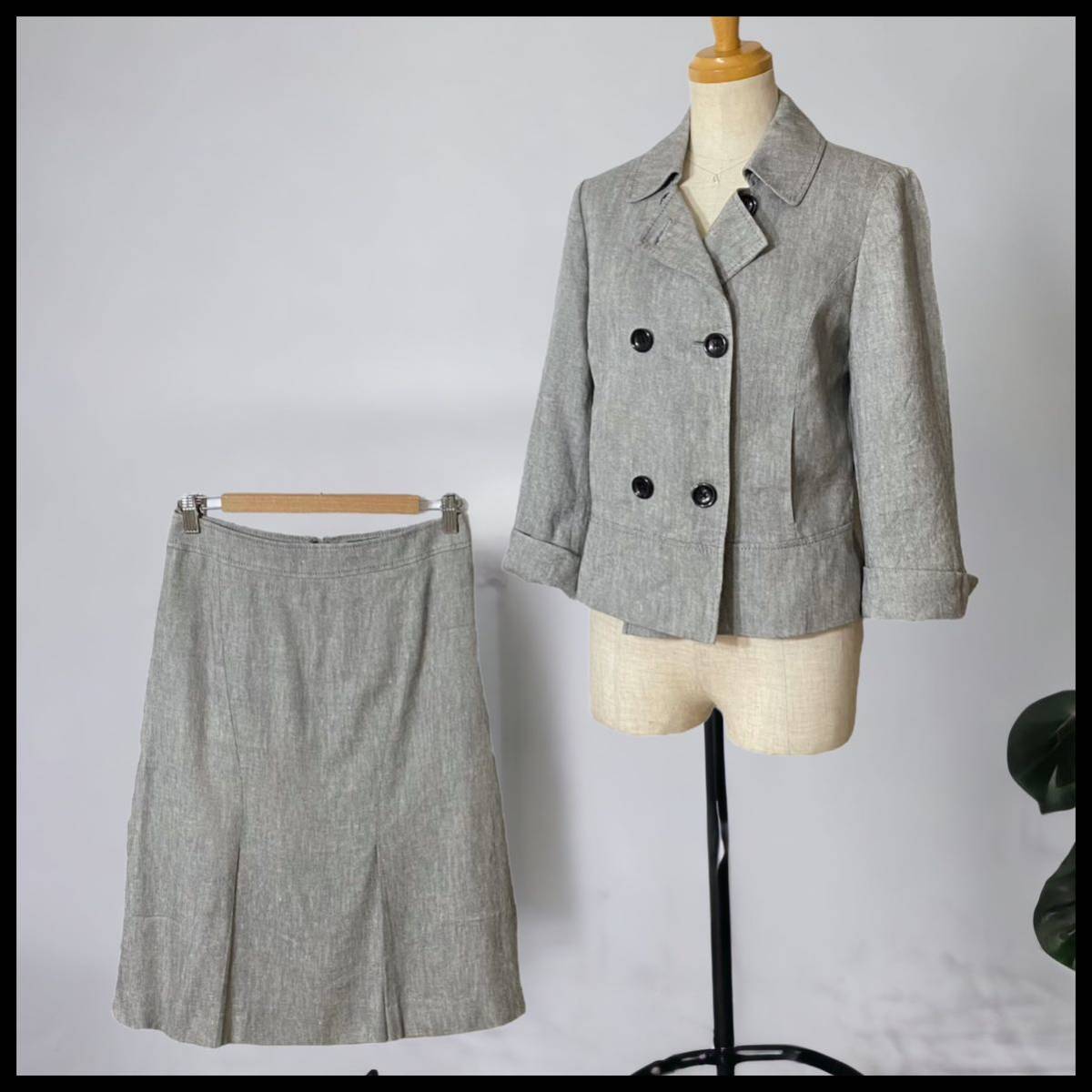 【ANNE KLEIN】 麻混合 スカートスーツ セットアップ サマースーツ グレー サイズ9の画像1