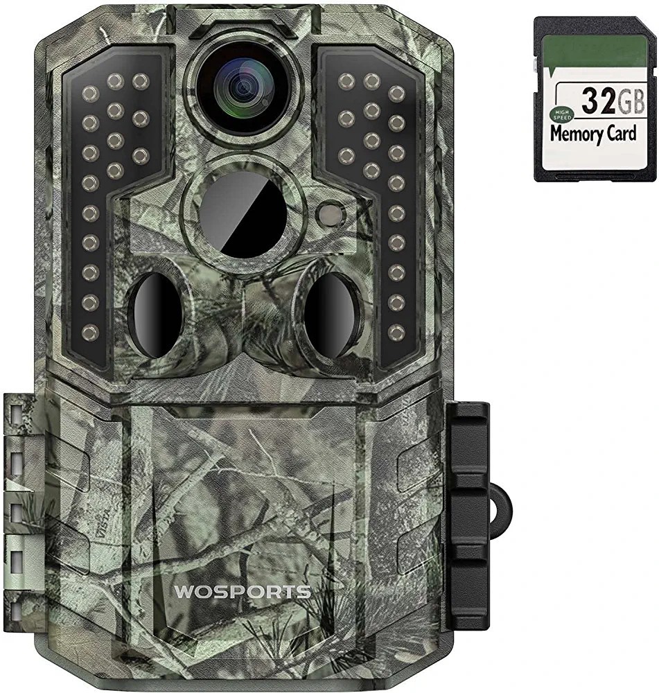 トレイルカメラ Wosports 電池式防犯カメラ 赤外線カメラ 1920PフルHD 3000万画素 IP66級防水防塵 32GBメモリーカード付き