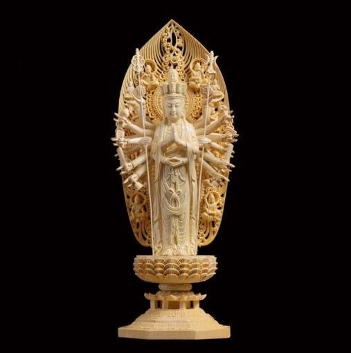 仏教美術 精密彫刻 仏像 手彫り 八角台座 桧木製 千手観音菩薩 高さ約43ｃｍ 未使用