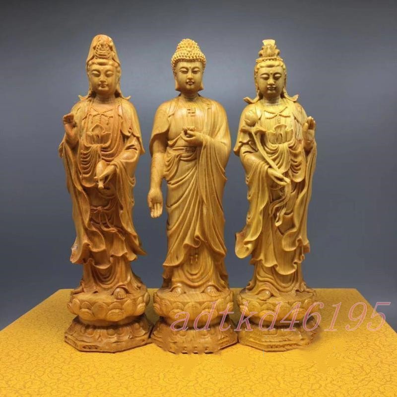極上の木彫 仏教美術 阿弥陀如来三尊立像 観音菩薩 木彫仏像 精密細工