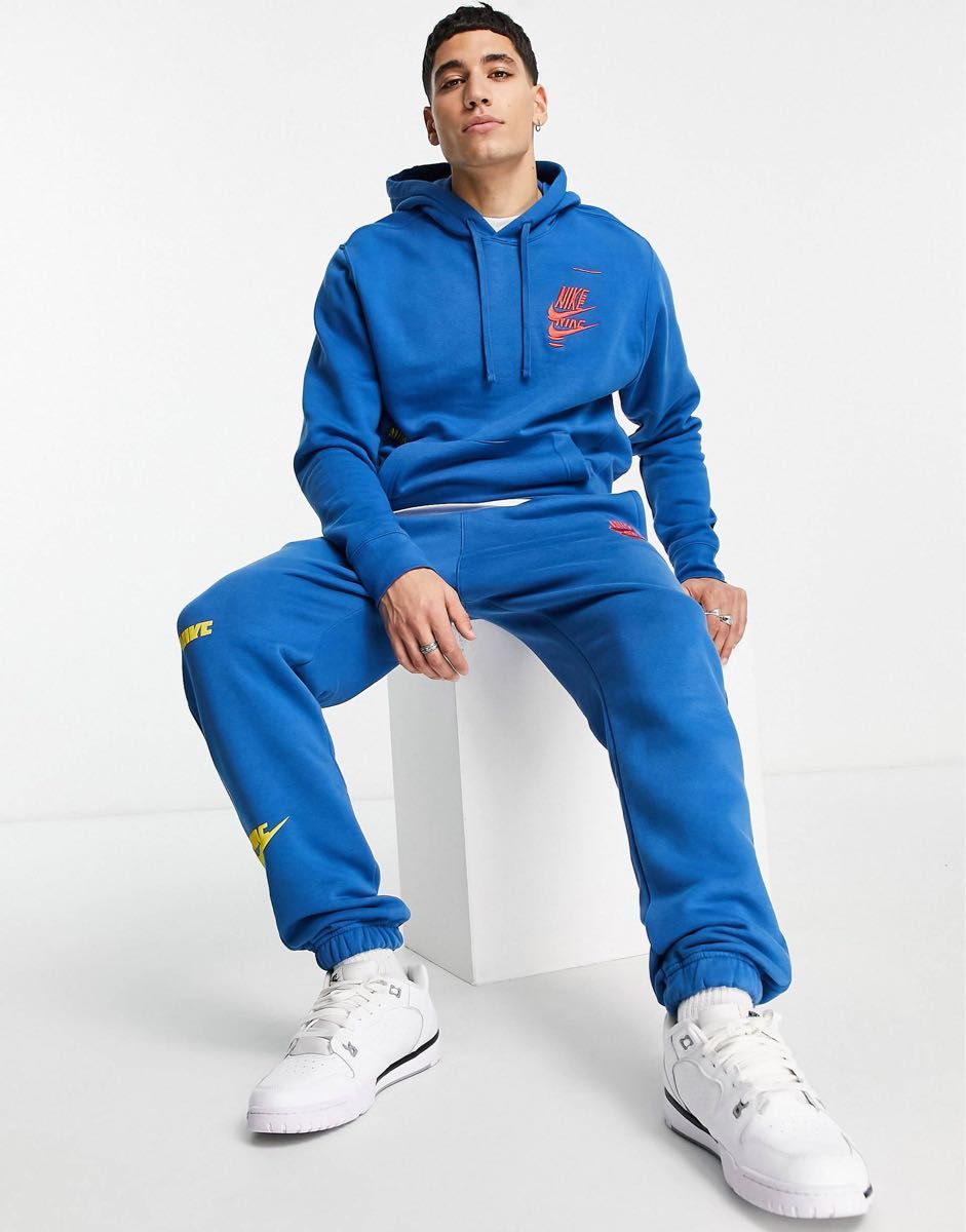 新品NIKE ナイキ セットアップ 上下 パーカー スウェット トレーナー フリース スウェットパンツ ジョガーパンツ 青赤2XL