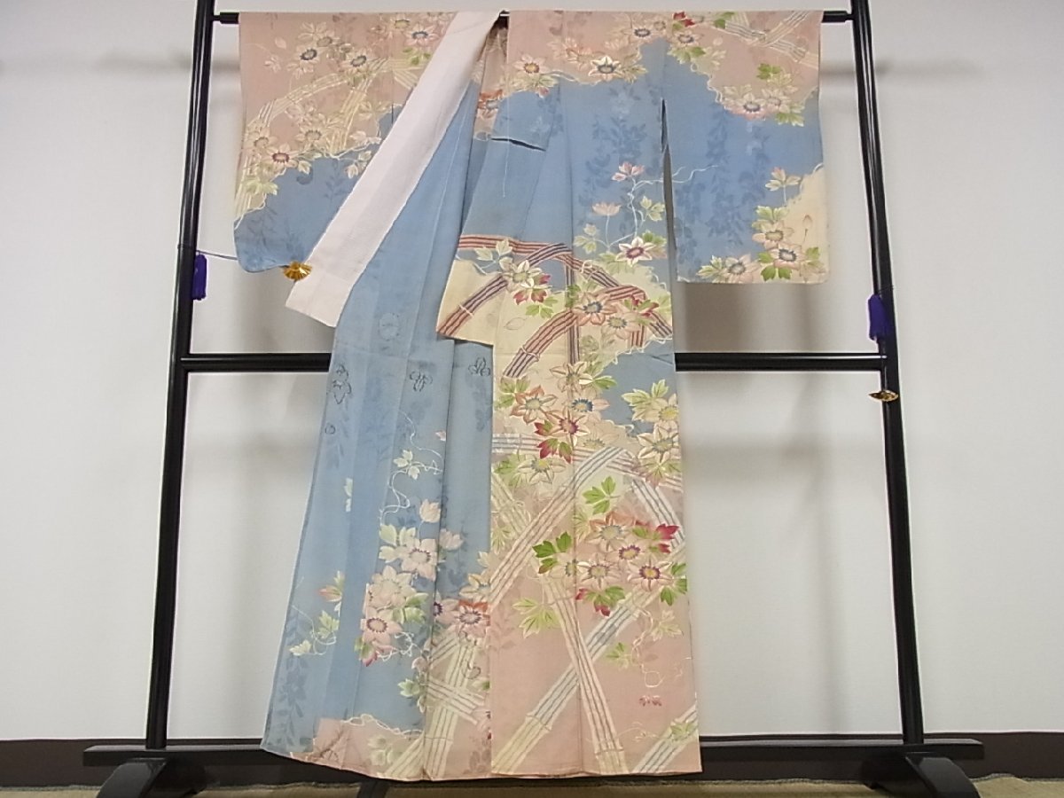 着物屋こころ□極上 夏物 アンティーク 大正ロマン 訪問着 刺繍 草花紋