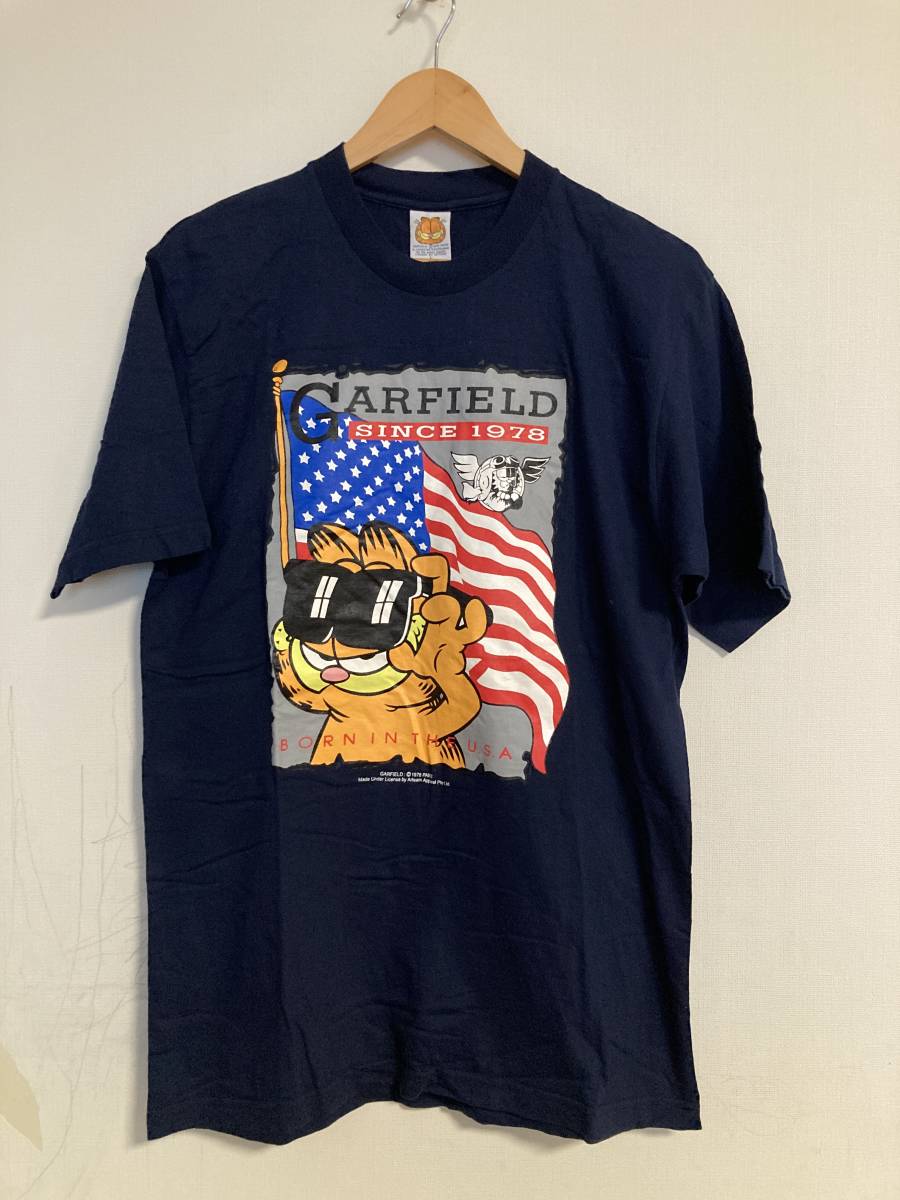 ★美品 GARFIELD ガーフィールド Tシャツ L ネイビー USA 星条旗 キャラクター_画像1