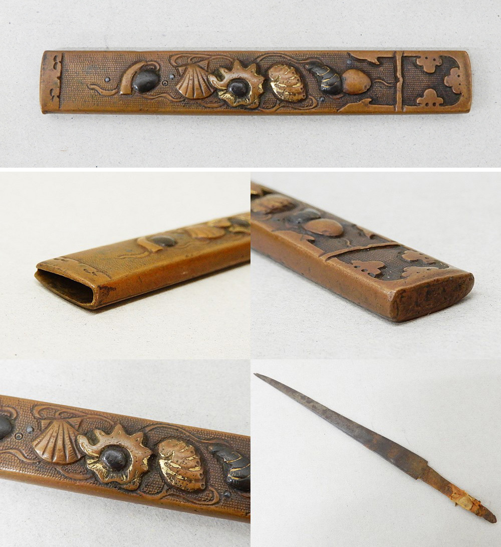 ◇◎時代金具使用! 脇差 拵え ツナギ付 黒石目鞘 小柄 鍔 目貫 縁頭