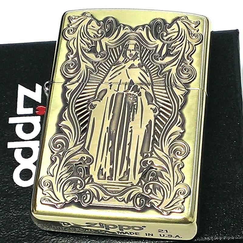 ZIPPO ディープエッチングアラベスクマリア ジッポ ライター 逆エッチング 御守り 彫刻 真鍮いぶし アンティークゴールド 両面柄_画像2