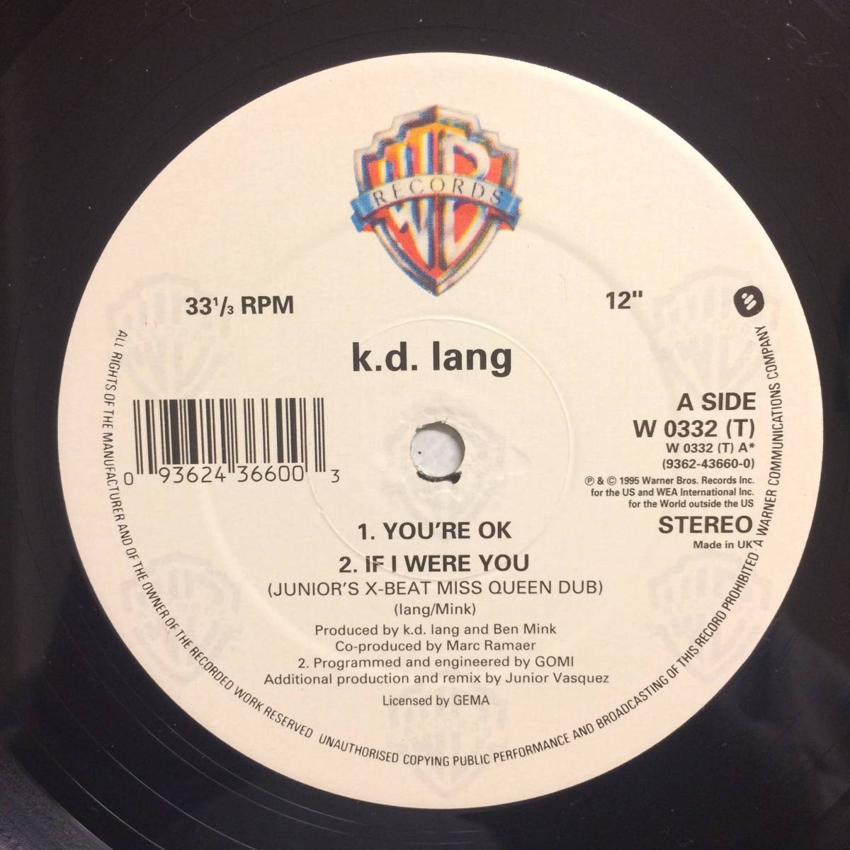 即決 k.d. lang / You're OK / If I Were You (Junior Vasquez remix) 12inch UK Country Rock, Euro House, GOMI_画像2